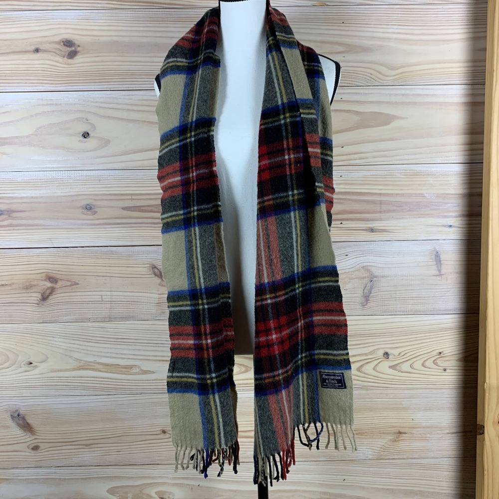 Abercrombie & Fitch Scarf Unisex OS Tan Plaid Wool Blend Fringe Chunky Preppy